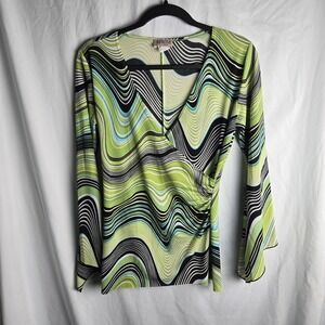 Vintage Y2K 90s MKM Designs Bell Sleeve Faux Wrap V-Neck Babydoll Shirt Medium